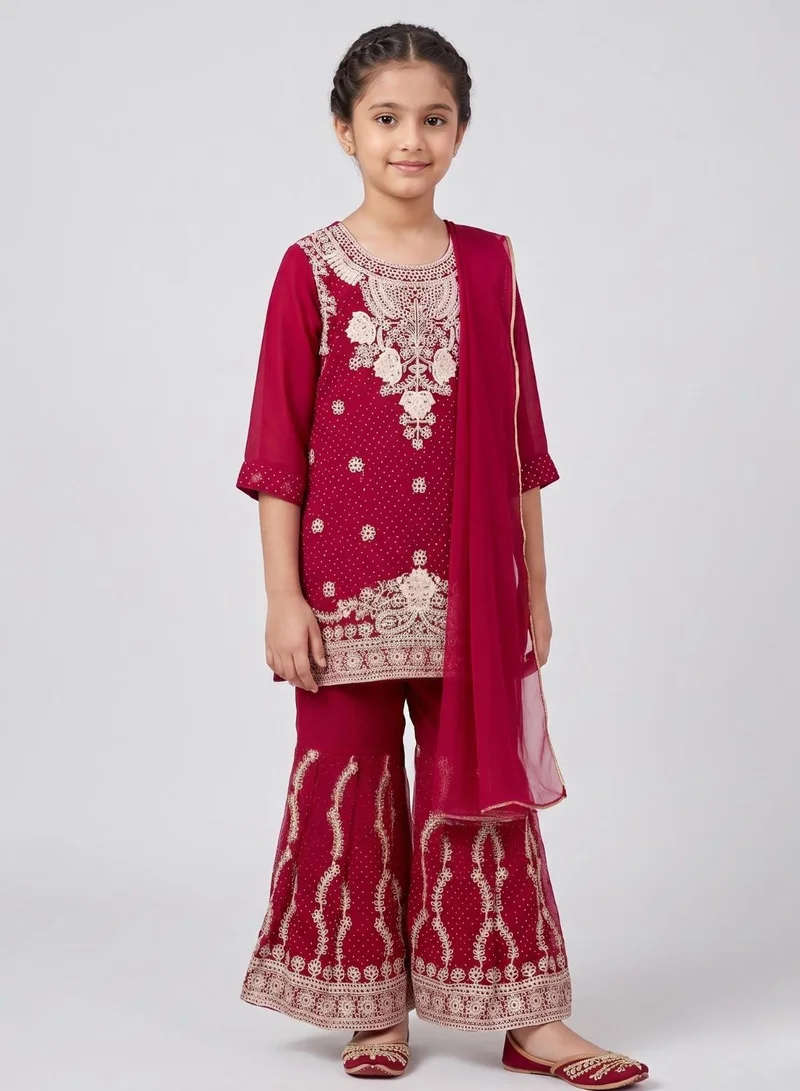 بيبي كلو Girls Red Embroidered Kurta Palazzo Set