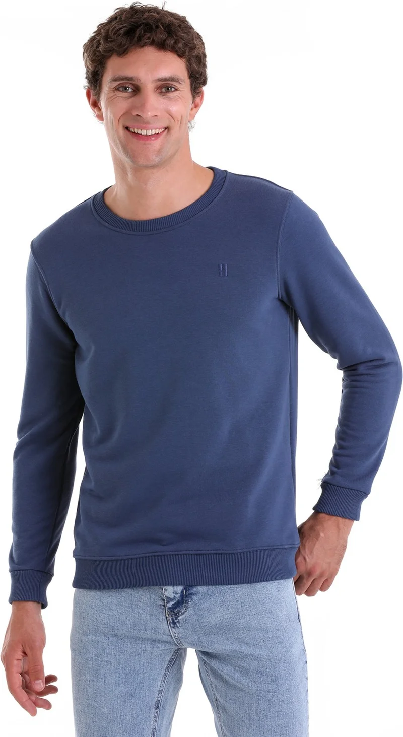 هاتيموغلو Indigo Regular Fit Plain Cotton Crew Neck Sweatshirt