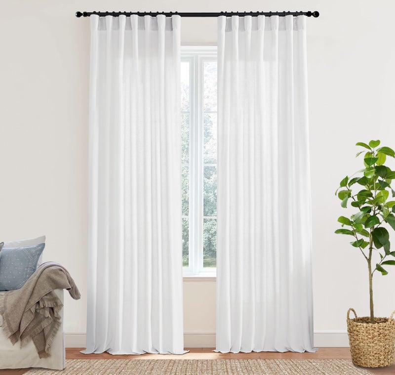 Sheer White Curtains 120 Inches Long for Living Room 2 Panels Set Hang with Clip Rings Back Tab Semi Transparentes Light Filtering Linen Cotton Blend XL Drapes Curtains Rod Pocket50x120 in Length
