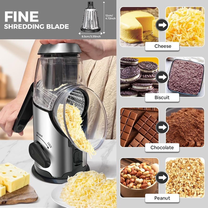 Airpro Rotary Cheese Grater with Handle - Vegetable Shredder with 3 Stainless Steel Blades & Strong Suction Base,Round Mandoline Slicer & Food Chopper for Kitchen - Image 3
