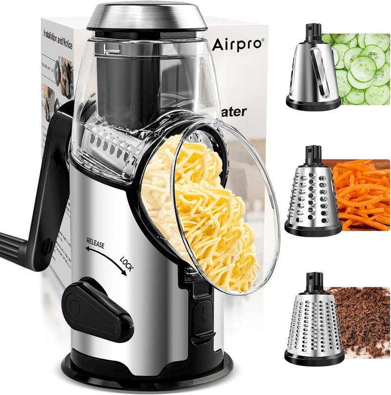Airpro Rotary Cheese Grater with Handle - Vegetable Shredder with 3 Stainless Steel Blades & Strong Suction Base,Round Mandoline Slicer & Food Chopper for Kitchen - Image 1