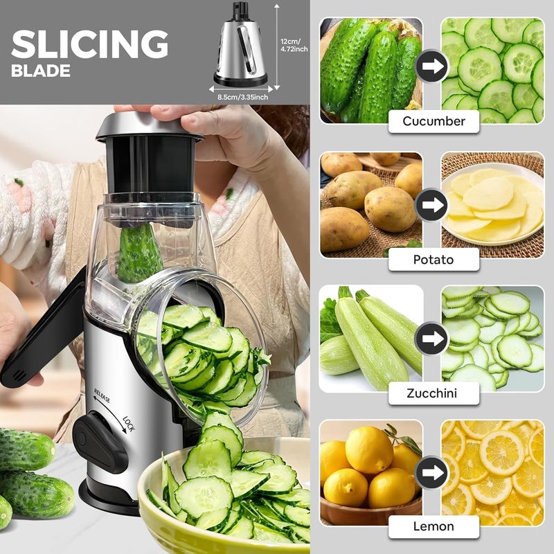 Airpro Rotary Cheese Grater with Handle - Vegetable Shredder with 3 Stainless Steel Blades & Strong Suction Base,Round Mandoline Slicer & Food Chopper for Kitchen - Image 4