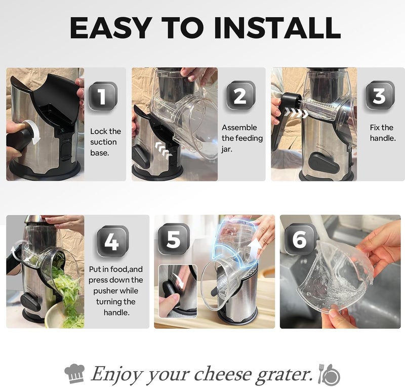 Airpro Rotary Cheese Grater with Handle - Vegetable Shredder with 3 Stainless Steel Blades & Strong Suction Base,Round Mandoline Slicer & Food Chopper for Kitchen - Image 5