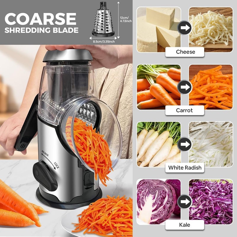 Airpro Rotary Cheese Grater with Handle - Vegetable Shredder with 3 Stainless Steel Blades & Strong Suction Base,Round Mandoline Slicer & Food Chopper for Kitchen - Image 2