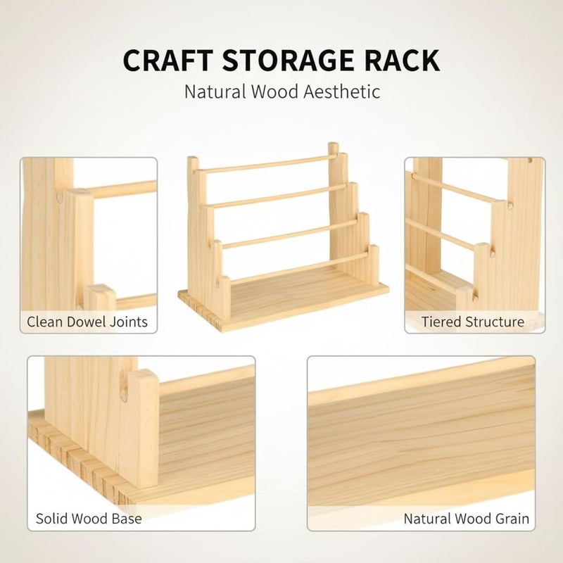 4-Tier Wooden Ribbon Organizer, Solid Natural Wood Craft Storage Rack, Washes Tape Dispenser Stand, Open Structure for Easy Ribbon, Tape, Sticker Access - Image 2