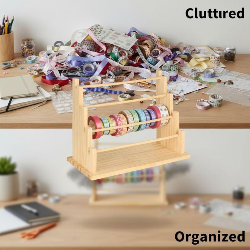 4-Tier Wooden Ribbon Organizer, Solid Natural Wood Craft Storage Rack, Washes Tape Dispenser Stand, Open Structure for Easy Ribbon, Tape, Sticker Access - Image 4