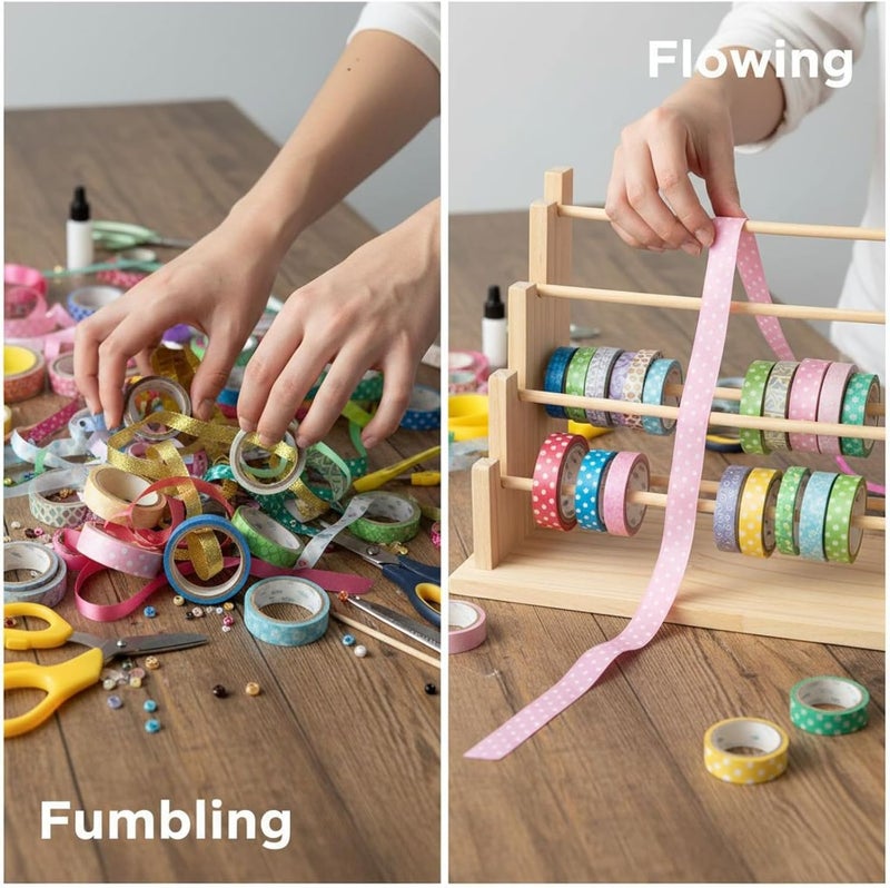 4-Tier Wooden Ribbon Organizer, Solid Natural Wood Craft Storage Rack, Washes Tape Dispenser Stand, Open Structure for Easy Ribbon, Tape, Sticker Access - Image 5