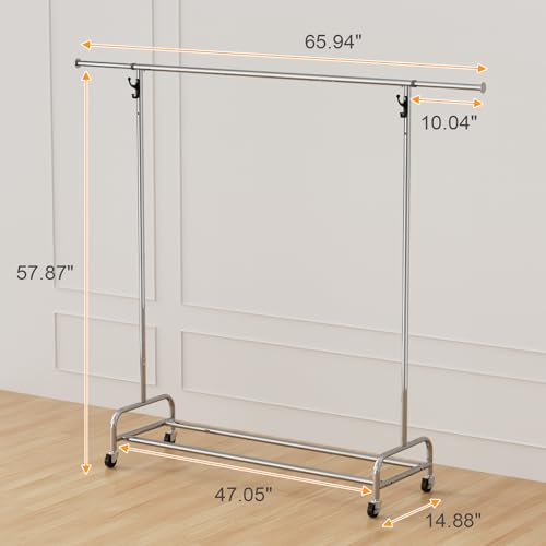 NEYCIL Standard Clothing Garment Rack with Wheels 4705 to 6594 Adjustable Chrome Clothes Rack for Hanging Clothes Portable Rolling Clothing Rack with Lockable Casters for Bedroom Laundry Room - Image 3