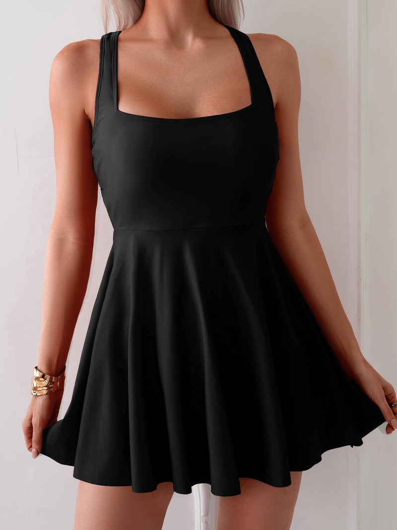 B2prity Women's One Piece Swimdress Swimsuit Tummy Control Swim Dress Modest Full Coverage Bathing Suit with Side Pocket Black - Image 4