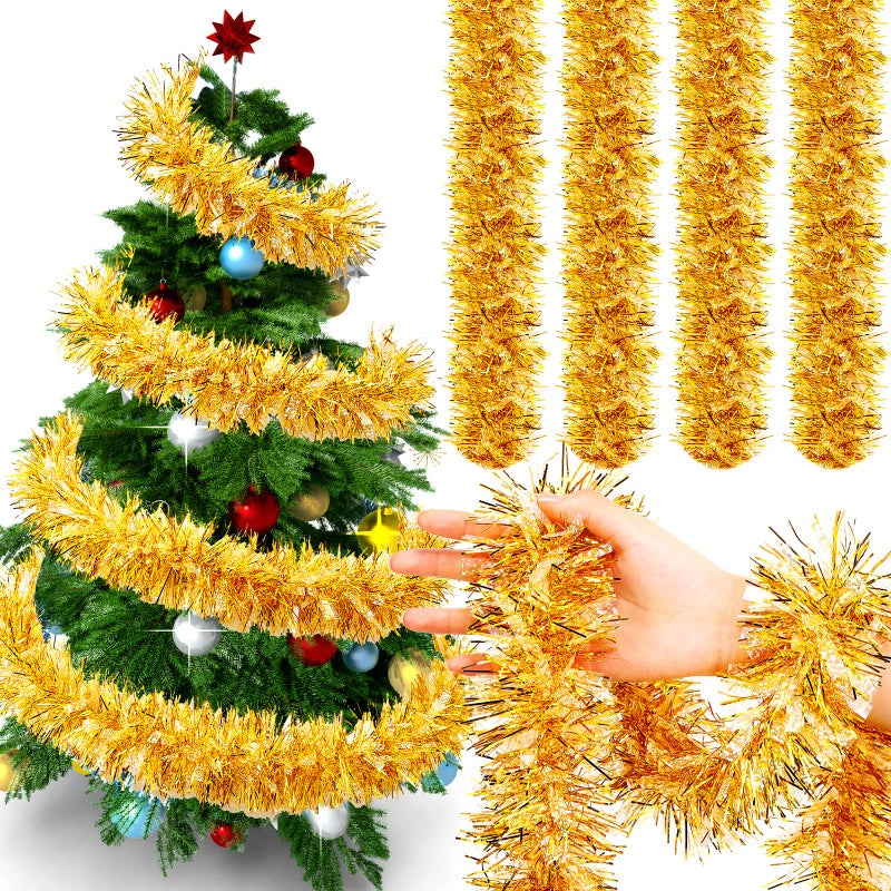 Dilunave 40 Feet Christmas Tinsel Garland Metallic Foil Twist Tinsel Garland Decoration for Christmas Tree Wedding Birthday and Party Hanging DecorationsGold