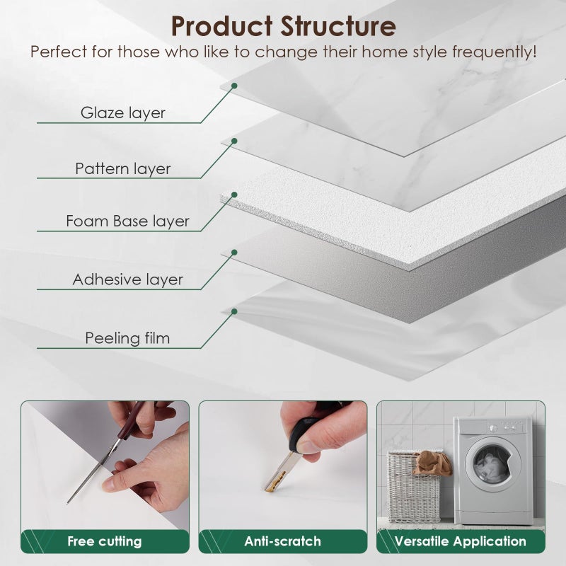 VallisCo Peel and Stick Backsplash Tiles 20 Sheets 12''x12'' PVC Self Adhesive Wall Tiles Back Splash Wall Panels Stick on Backsplash for Kitchen Bathroom Laundry Room, White - Image 4