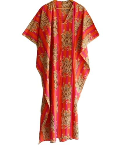INDACORIFY Indian Printed Handmade Kaftan Dress Long Top Caftan, Dress Beach Cover up, Tiger Hand Block Print Sleepwear Maxi Dress Kimono Robe Multi - Image 1