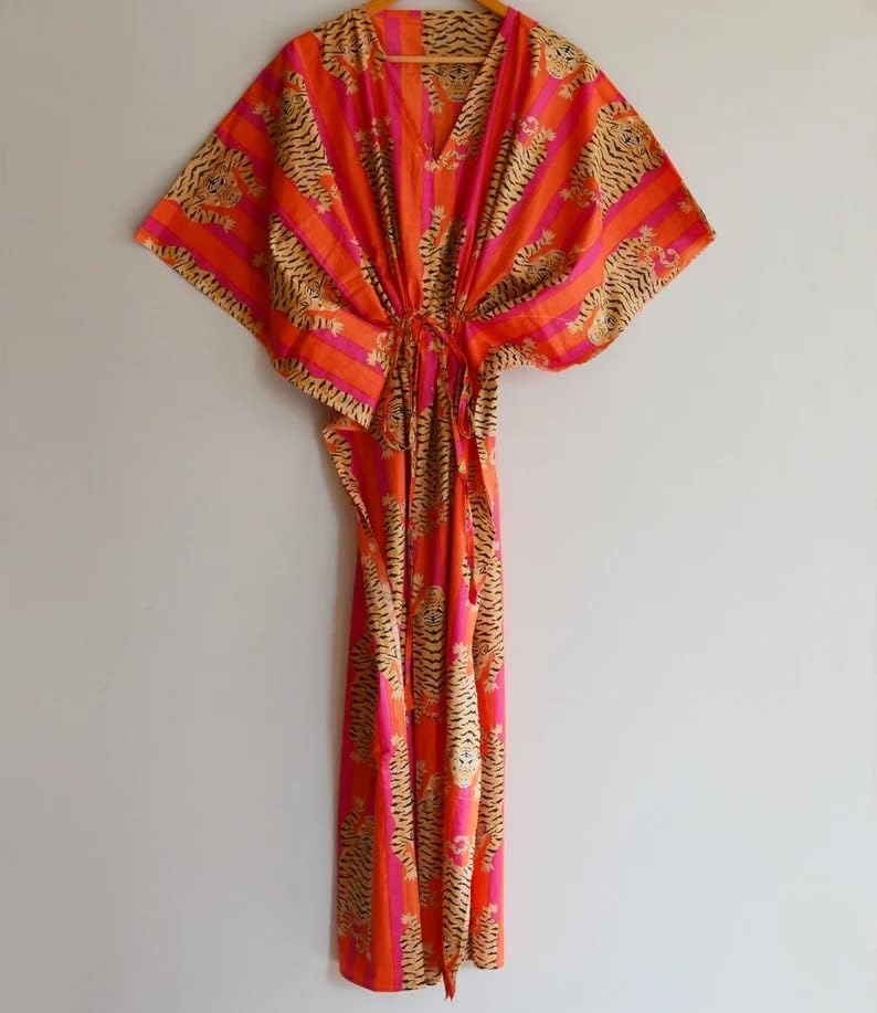INDACORIFY Indian Printed Handmade Kaftan Dress Long Top Caftan, Dress Beach Cover up, Tiger Hand Block Print Sleepwear Maxi Dress Kimono Robe Multi - Image 5