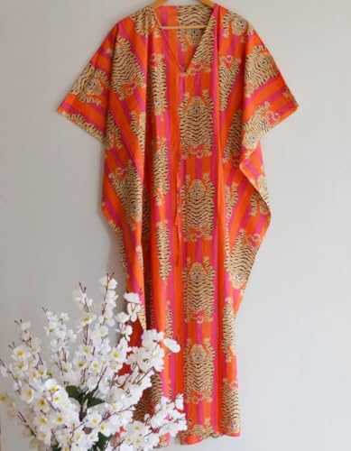 INDACORIFY Indian Printed Handmade Kaftan Dress Long Top Caftan, Dress Beach Cover up, Tiger Hand Block Print Sleepwear Maxi Dress Kimono Robe Multi - Image 3