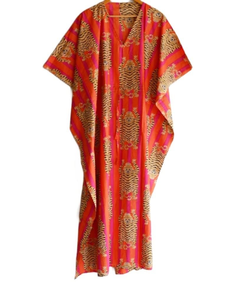 INDACORIFY Indian Printed Handmade Kaftan Dress Long Top Caftan, Dress Beach Cover up, Tiger Hand Block Print Sleepwear Maxi Dress Kimono Robe Multi - Image 2