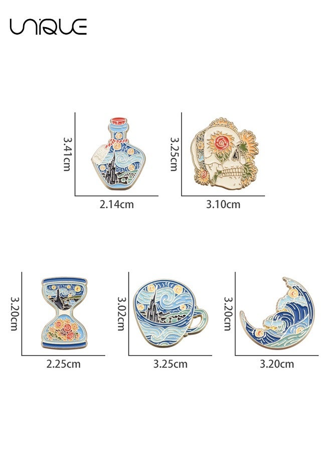 يونيك 5PCS الكرتون فان جوخ النفط اللوحة موضوع بروش مجموعة، هندسية الإبداعية النفط اللوحة نمط سلسلة بروش، المينا بروش شارة حقيبة زي دبوس للنساء والأطفال - Image 2