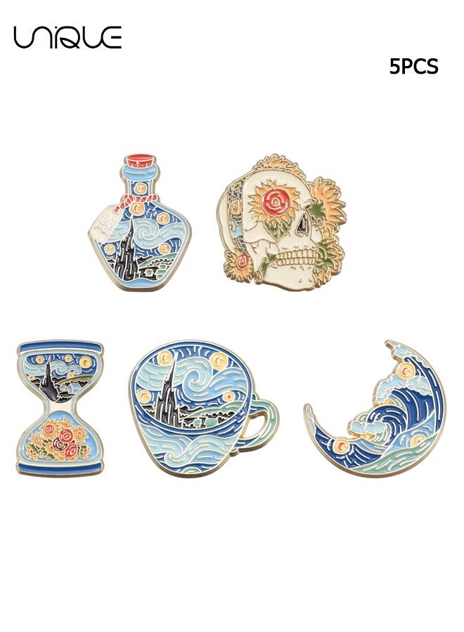 يونيك 5PCS الكرتون فان جوخ النفط اللوحة موضوع بروش مجموعة، هندسية الإبداعية النفط اللوحة نمط سلسلة بروش، المينا بروش شارة حقيبة زي دبوس للنساء والأطفال - Image 1