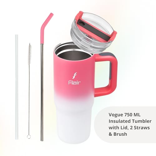 FLAIR Vogue 900 Insulated Tumbler with Lid, 2 Straws & Brush | Stainless Steel Sipper with Handle | Hot & Cold | Car Cupholder Friendly | Travel, Gym, Gift I Pink Ombre | 750ml - Image 3