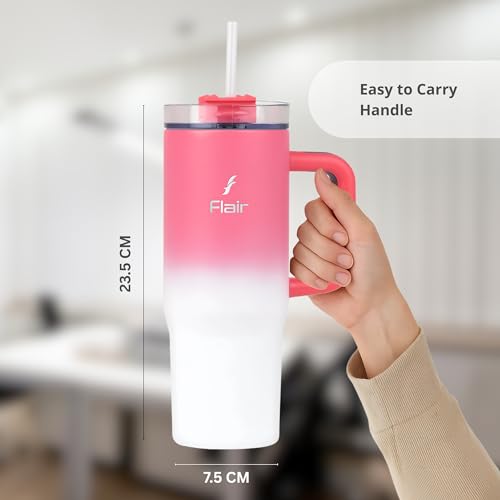FLAIR Vogue 900 Insulated Tumbler with Lid, 2 Straws & Brush | Stainless Steel Sipper with Handle | Hot & Cold | Car Cupholder Friendly | Travel, Gym, Gift I Pink Ombre | 750ml - Image 5