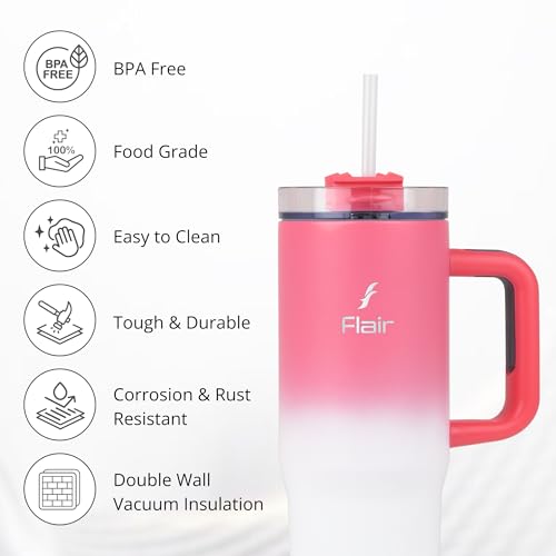 FLAIR Vogue 900 Insulated Tumbler with Lid, 2 Straws & Brush | Stainless Steel Sipper with Handle | Hot & Cold | Car Cupholder Friendly | Travel, Gym, Gift I Pink Ombre | 750ml - Image 2