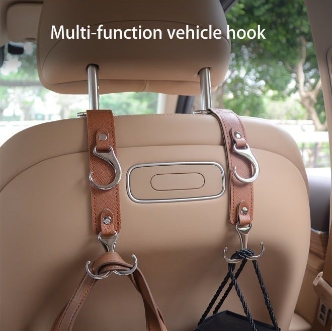 YUFAN 2pcs PU Leather Car Seat Back Hooks - Multi-Functional Vehicle Headrest Hangers for Grocery Bags, Coats, Umbrellas, Handbags - Auto Interior Accessories, Car Seat Organizer | Stylish Car Hook | Durable PU Leather(Black) - Image 4