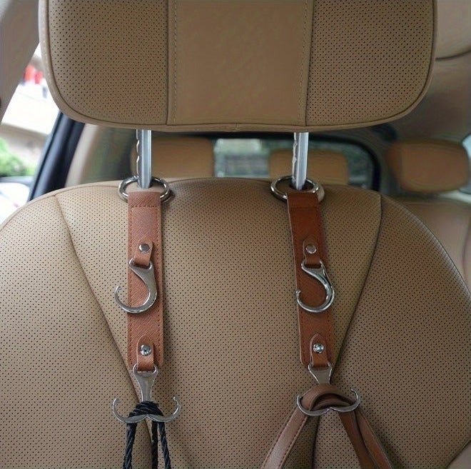YUFAN 2pcs PU Leather Car Seat Back Hooks - Multi-Functional Vehicle Headrest Hangers for Grocery Bags, Coats, Umbrellas, Handbags - Auto Interior Accessories, Car Seat Organizer | Stylish Car Hook | Durable PU Leather(Black) - Image 5