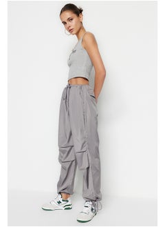 Gray Belted Woven Parachute High Waist Woven Trousers TWOSS23PL00317