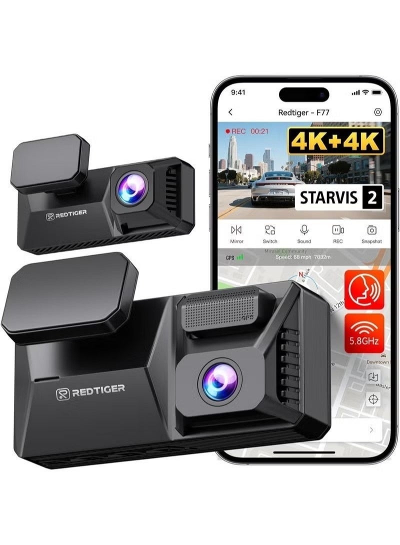 ريد تايجر كاميرا تابلوه امامية وخلفية F77 4K+4K مع HDR ومستشعر ستارفيس مزدوج 2 IMX678، كاميرا تحكم صوتي للسيارات مع ذاكرة اي ام ام سي 128GB وواي فاي 5.8GHz وشاشة لمس 4 انش ووضع وقوف 24 ساعة - Image 2