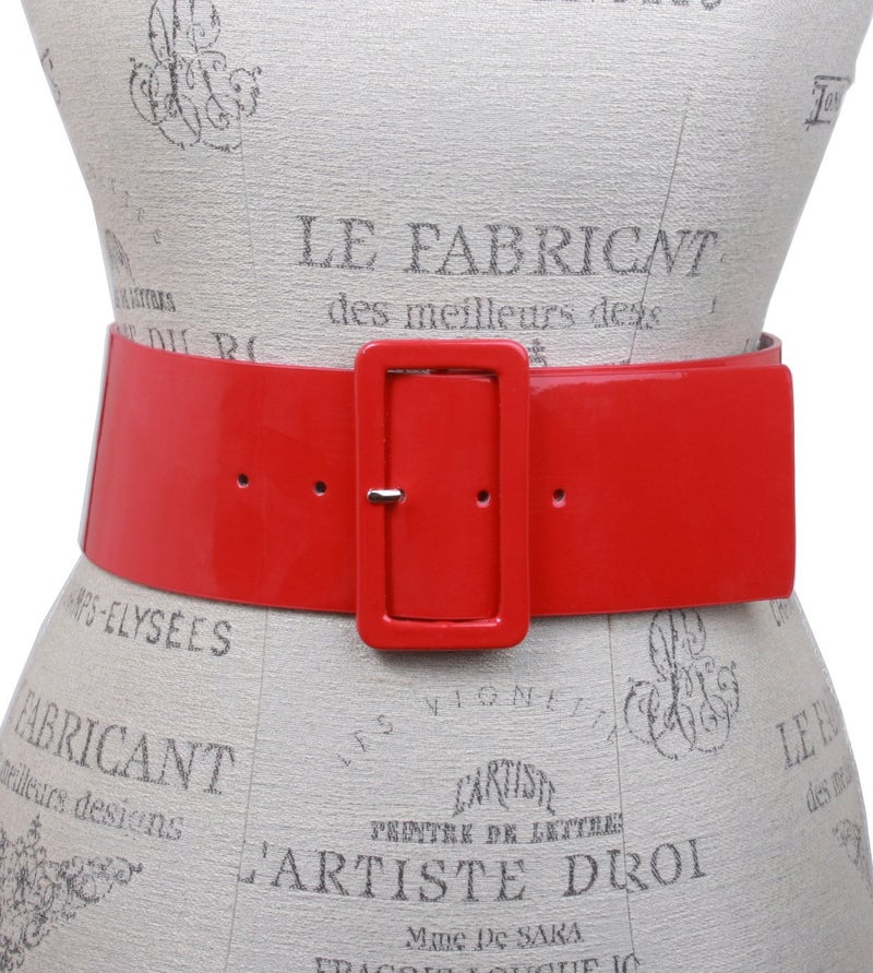 Beltiscool Ladies High Waist Patent Leather Wide Fashion Square Belt, Red | S/M - 32" - Image 2