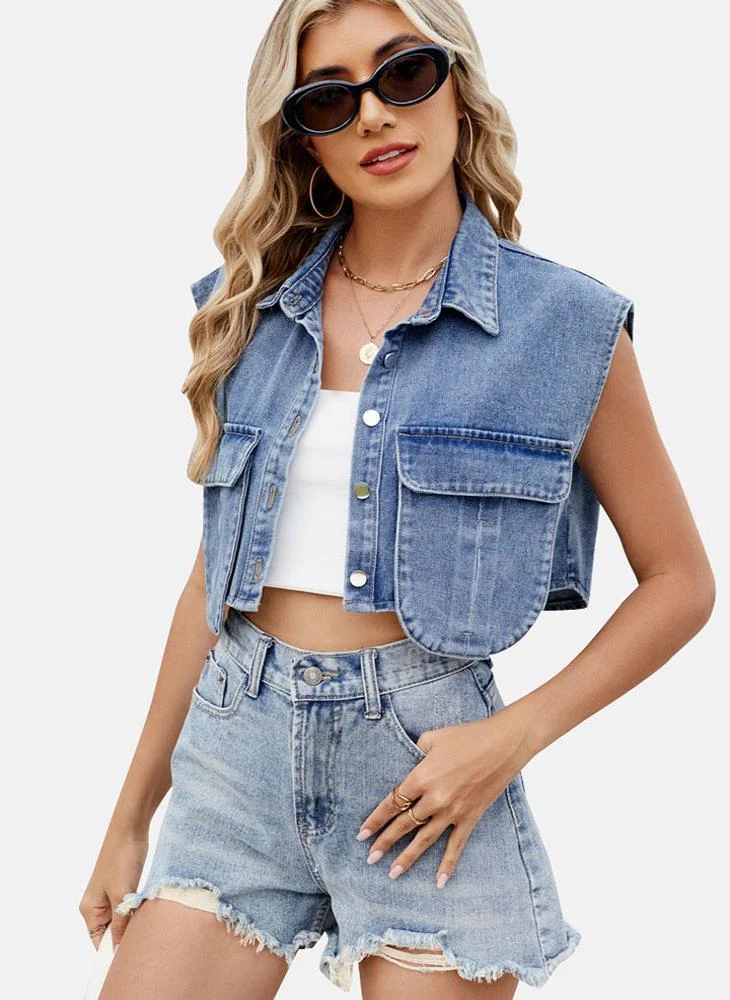 YUNIQEE Blue Plain Regular Fit Sleeveless Denim Jacket
