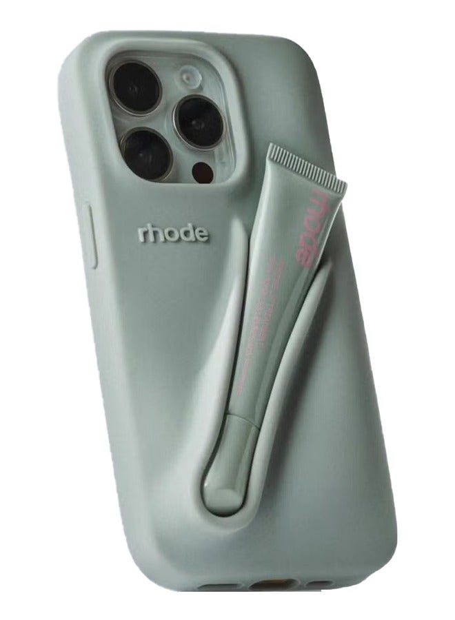 rhode Peptide Lip Color Silicone Phone Case, Phone Back Adhesive Lip Holder, Liquid Silicone Camera Protection Case and Lip Balm Design, Suitable for IPhone 16 Pro - Gray + Rhode Vanilla ﻿ - Image 1