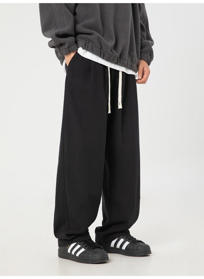 Thick Textured Casual Pants For Men, Spring Style, Pleated Design, Loose Long Pants Retro Fleece Sweatpants - Image 3