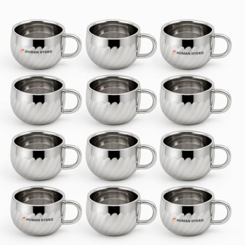 Human Hydro Stainless Steel Tea Cups Set | 12-Piece Lotus Pattern Steel Cups | 120 ml Each | Premium Rust-Free & Spill-Proof Design | Unbreakable & Dishwasher Safe Cups for Home & Gifting - Image 1