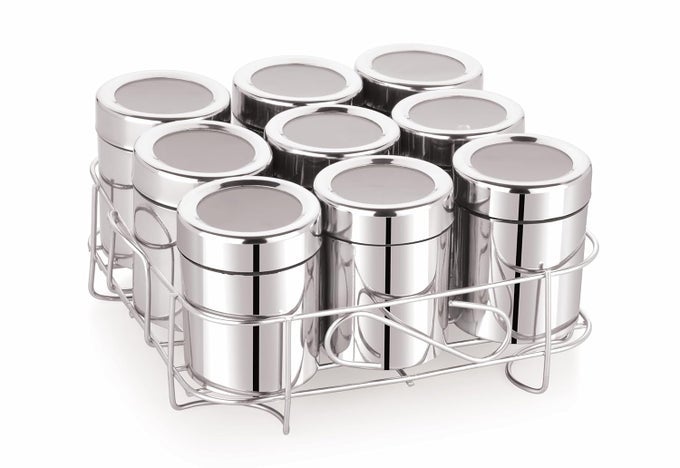 MASALA BOX FOR KITCHEN STAINLESS STEEL MASALA DABBA STEEL SPICE BOX FOR KITCHEN MASALA DANI WITH INDIVIDUAL SEE THROUGH LID SPICE STORAGE CONTAINERS SILVER 175 ML EACH