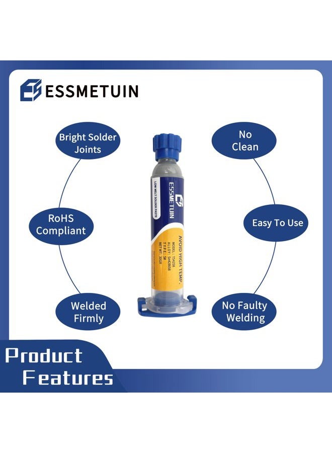Essmetuin Sn42/Bi58 Lead Free Solder Paste (30g) & No Clean Soldering Flux(10cc) & Soler Wick for Electronic Soldering, SMD/SMT Remove - Image 2