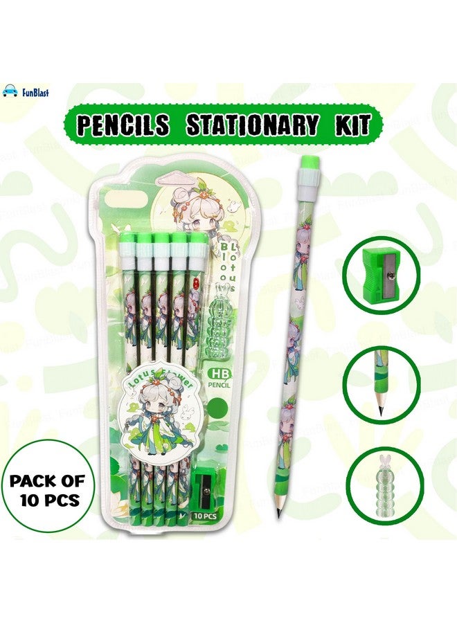 FunBlast FunBlast Pencil Set for Kids - Pack of 10 Pcs HB Pencils Stationary Kit, Lotus Flower Pencil Set with Erasers, Sharpener and Pencil Grip for Kids, Pencil for Drawing & Shading, Sketching (Green)  - Image 2
