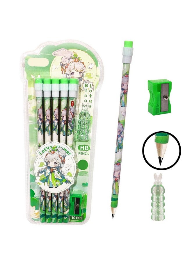 FunBlast FunBlast Pencil Set for Kids - Pack of 10 Pcs HB Pencils Stationary Kit, Lotus Flower Pencil Set with Erasers, Sharpener and Pencil Grip for Kids, Pencil for Drawing & Shading, Sketching (Green)  - Image 1