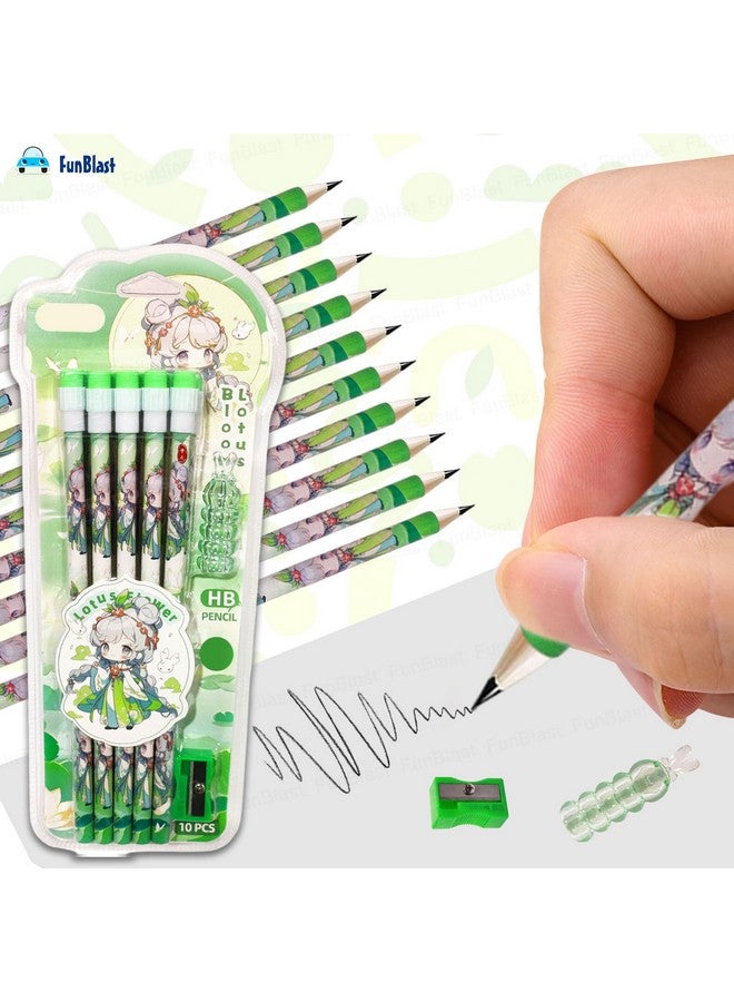FunBlast FunBlast Pencil Set for Kids - Pack of 10 Pcs HB Pencils Stationary Kit, Lotus Flower Pencil Set with Erasers, Sharpener and Pencil Grip for Kids, Pencil for Drawing & Shading, Sketching (Green)  - Image 4