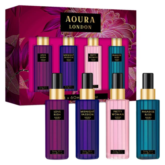 Aoura London Collection Set Womens Body Mist Gift Set With Midnight Passion Love Rush Pretty Woman And Paradise Bliss Fragrance Spray Set (4X60Ml) - Image 1