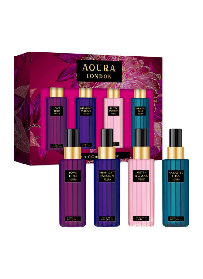 Aoura London Collection Set Womens Body Mist Gift Set With Midnight Passion Love Rush Pretty Woman And Paradise Bliss Fragrance Spray Set (4X60Ml)  - Image 1