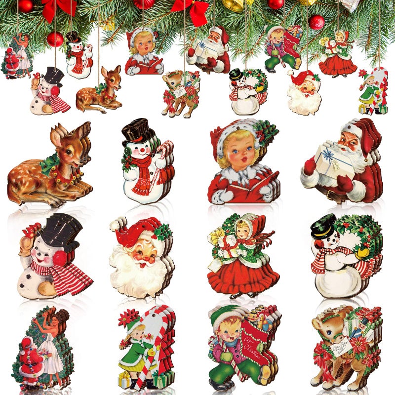 Huwena 36 Pcs Vintage Christmas Ornaments Wooden Christmas Tree Ornaments Wood Cutouts Rustic Farmhouse Tree Decorations for Home Xmas Winter Party DeerVintage Color - Image 2