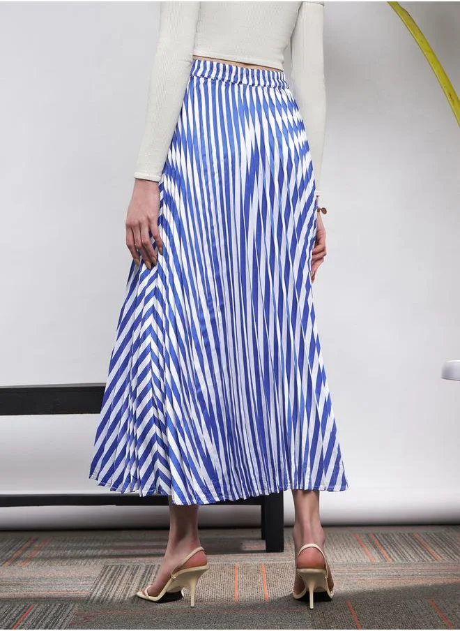 SASSAFRAS Striped Pleated A-Line Satin Skirt by Styli