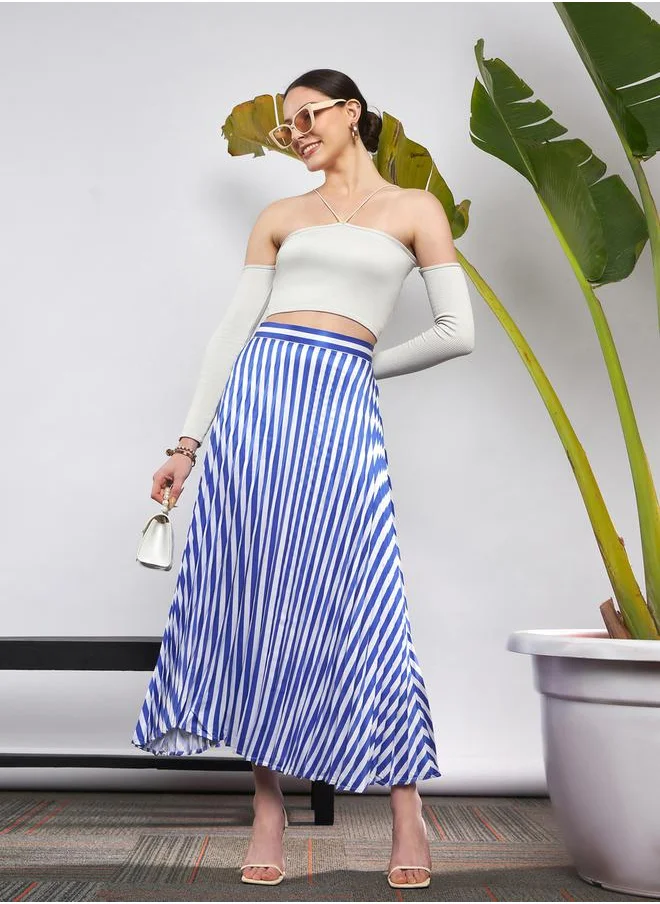 SASSAFRAS Striped Pleated A-Line Satin Skirt by Styli