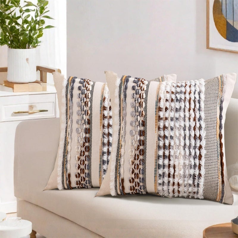 Emvency Boho Throw Pillow Covers 18x18 Inches Set of 2, Brown and Grey Chenille Tufted Farmhouse Striped Chic Modern Art Square Decorative Couch Pillowcases for Home Decor Bedroom Sofa Living Room - Image 1