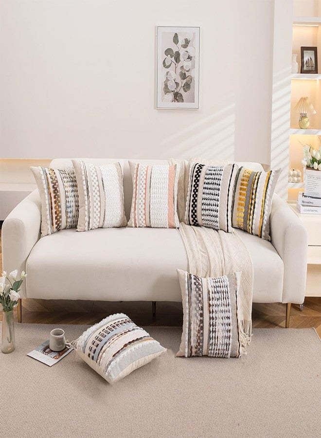 Emvency Boho Throw Pillow Covers 18x18 Inches Set of 2, Brown and Grey Chenille Tufted Farmhouse Striped Chic Modern Art Square Decorative Couch Pillowcases for Home Decor Bedroom Sofa Living Room - Image 3
