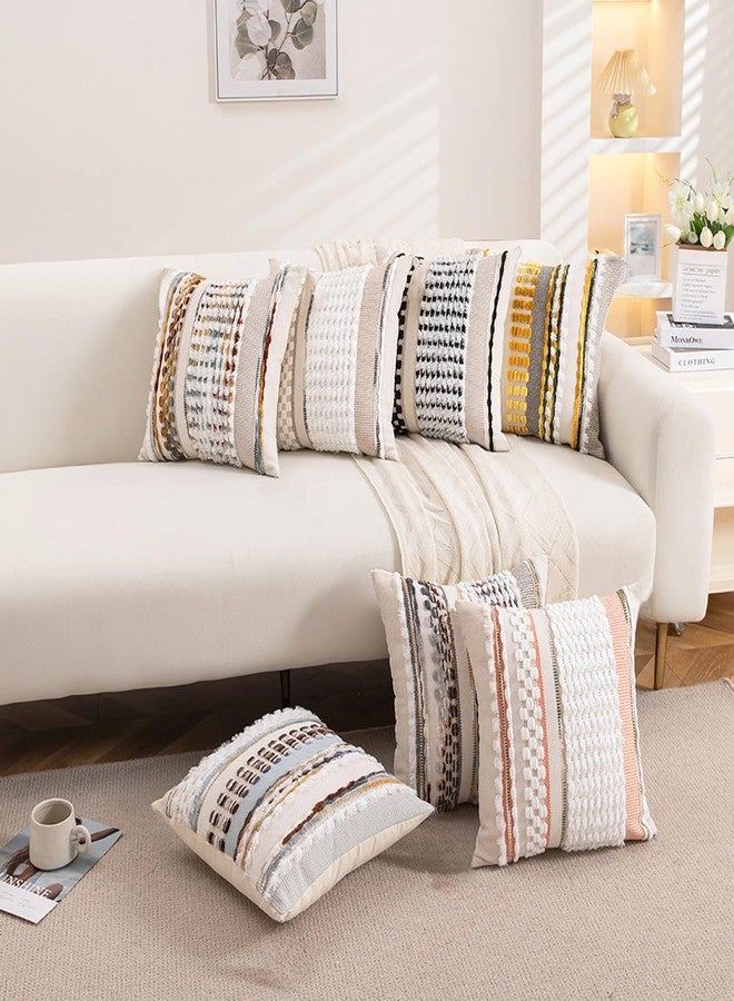 Emvency Boho Throw Pillow Covers 18x18 Inches Set of 2, Brown and Grey Chenille Tufted Farmhouse Striped Chic Modern Art Square Decorative Couch Pillowcases for Home Decor Bedroom Sofa Living Room - Image 4