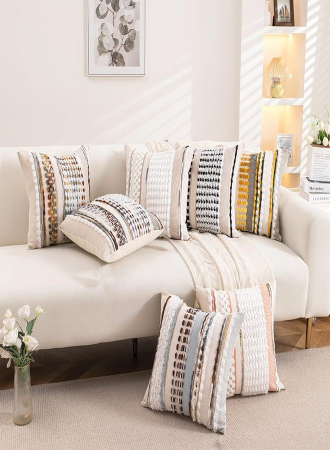 Emvency Boho Throw Pillow Covers 18x18 Inches Set of 2, Brown and Grey Chenille Tufted Farmhouse Striped Chic Modern Art Square Decorative Couch Pillowcases for Home Decor Bedroom Sofa Living Room - Image 5