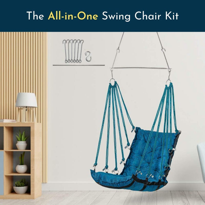 SWINGZY كرسي هزاز سوينغزي من الجلد الناعم والمخمل معلق للبالغين للداخل والخارج سعة وزن 200 كجم باللون الأزرق مع ملحقات تعليق مجانية من القطن - Image 2