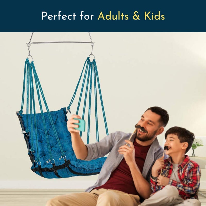 SWINGZY كرسي هزاز سوينغزي من الجلد الناعم والمخمل معلق للبالغين للداخل والخارج سعة وزن 200 كجم باللون الأزرق مع ملحقات تعليق مجانية من القطن - Image 4