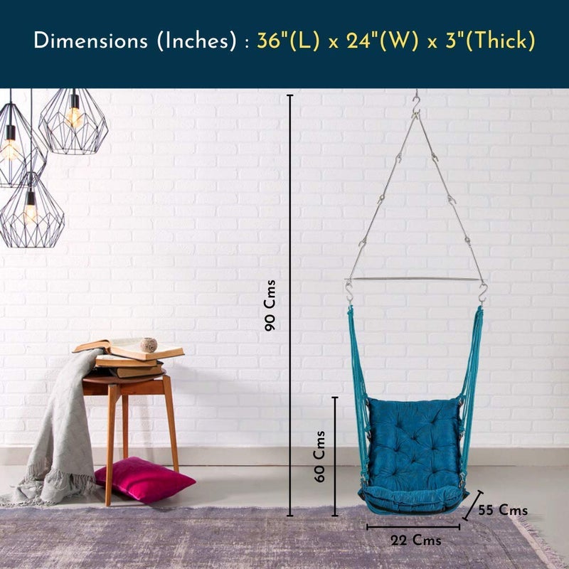SWINGZY كرسي هزاز سوينغزي من الجلد الناعم والمخمل معلق للبالغين للداخل والخارج سعة وزن 200 كجم باللون الأزرق مع ملحقات تعليق مجانية من القطن - Image 5